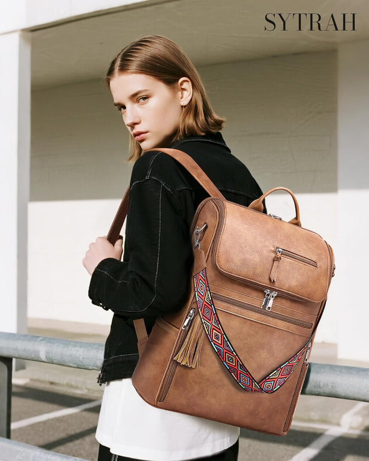 SYTRAH - Mochila de cuero para laptop para mujer, bolso de laptop d...