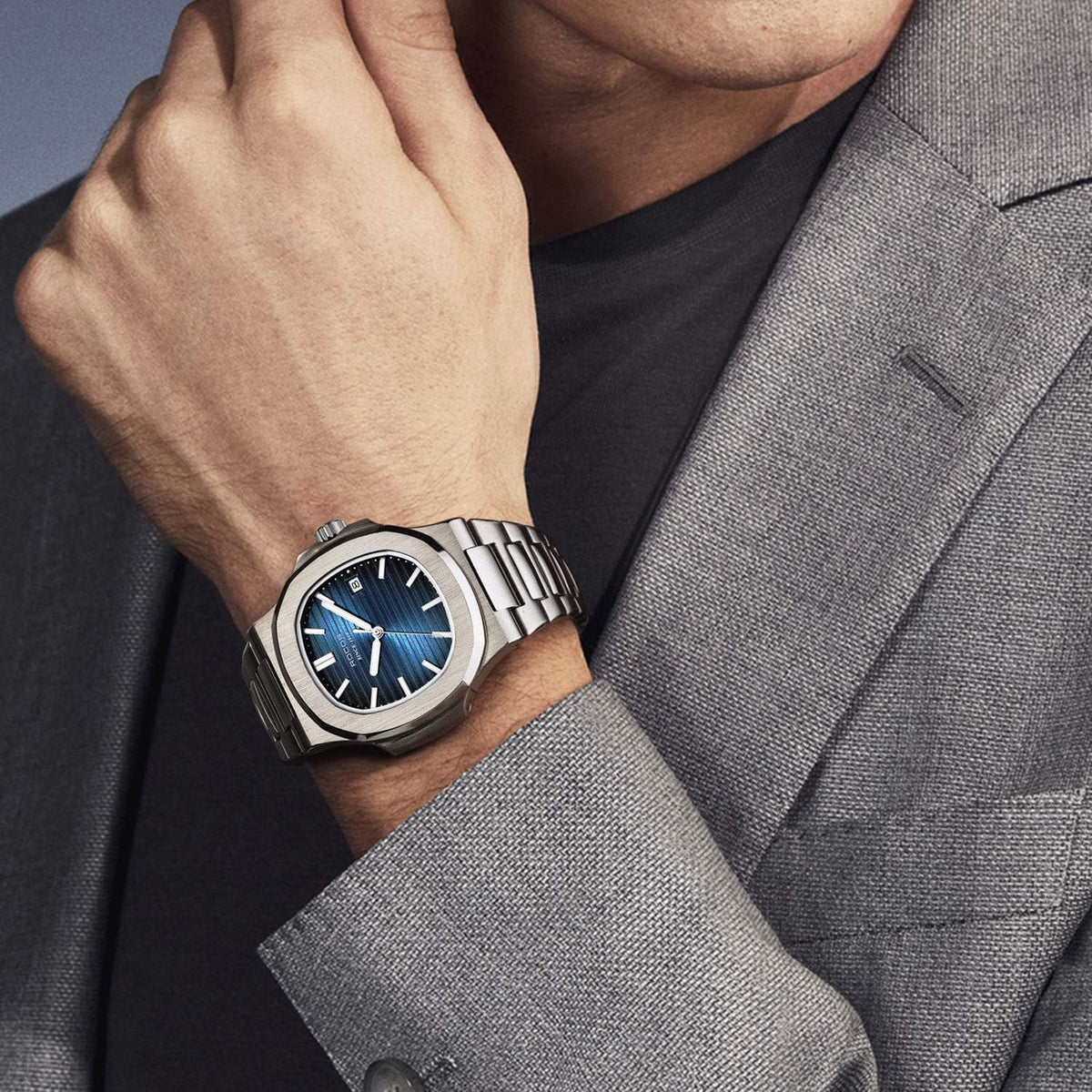 ROCOSJEWE Reloj de vestir azul de lujo clásico reloj mecánico automático de los hombres reloj de pulsera resistente al agua fecha visualización luminosa dial pulsera de acero inoxidable regalo para