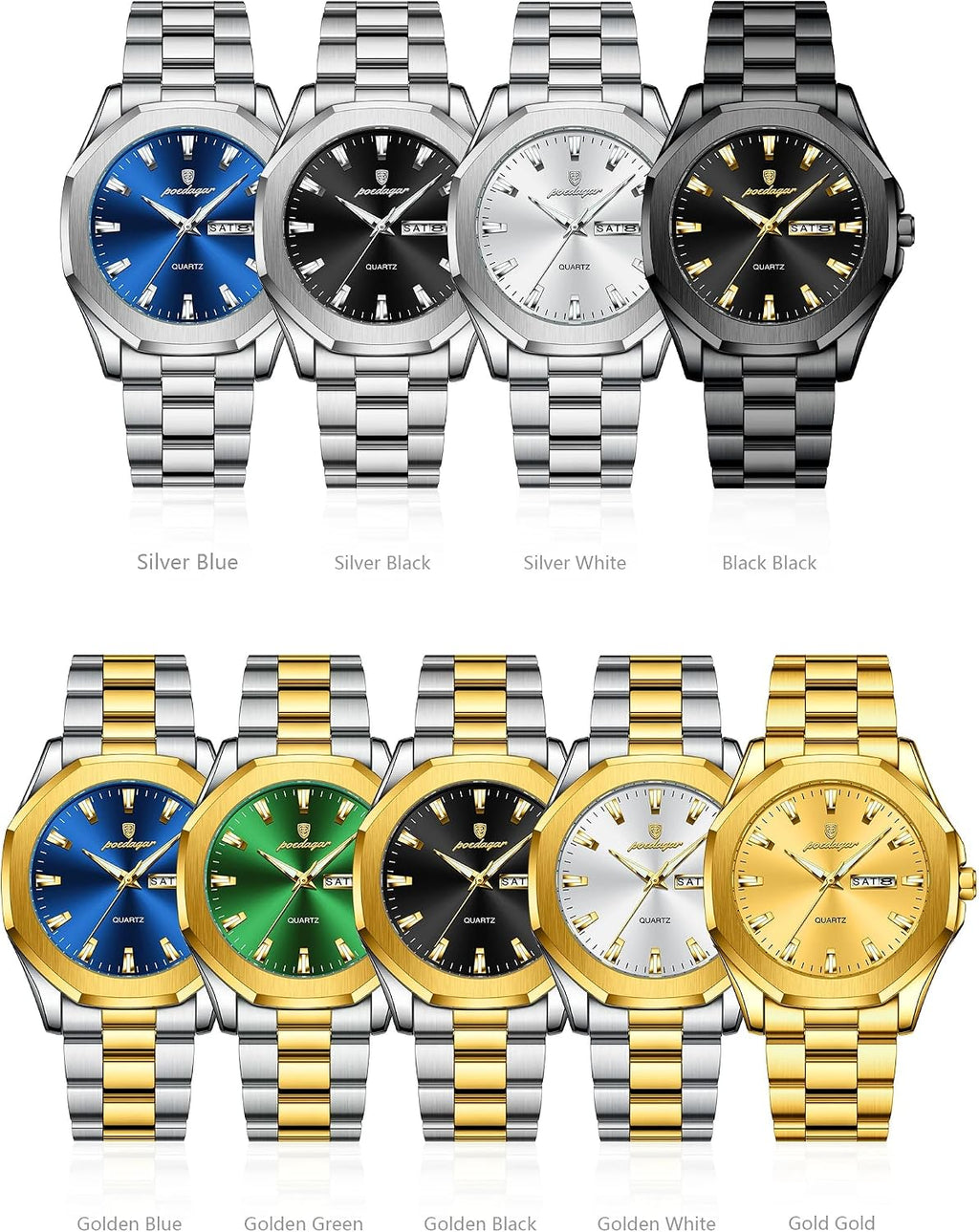 Poedagar Reloj de pulsera casual de lujo para hombre, resistente al agua, luminoso, con fecha, para hombre, de acero inoxidable, de cuarzo, para hombre