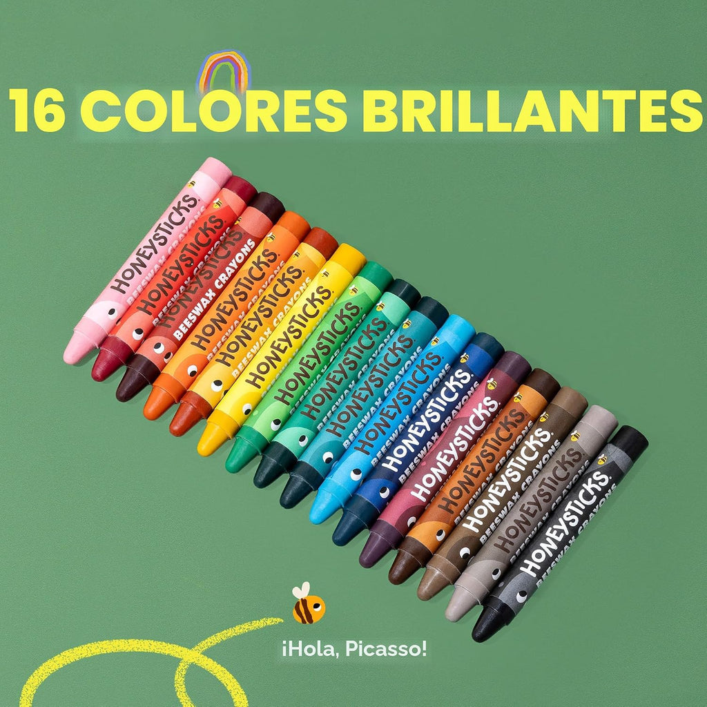 Honeysticks Crayones Jumbo (16 unidades) - Crayones no tóxicos - 100% pura cera de abejas y colores de grado alimenticio - 16 colores brillantes - Grandes, fáciles de sostener y usar - Suministros de