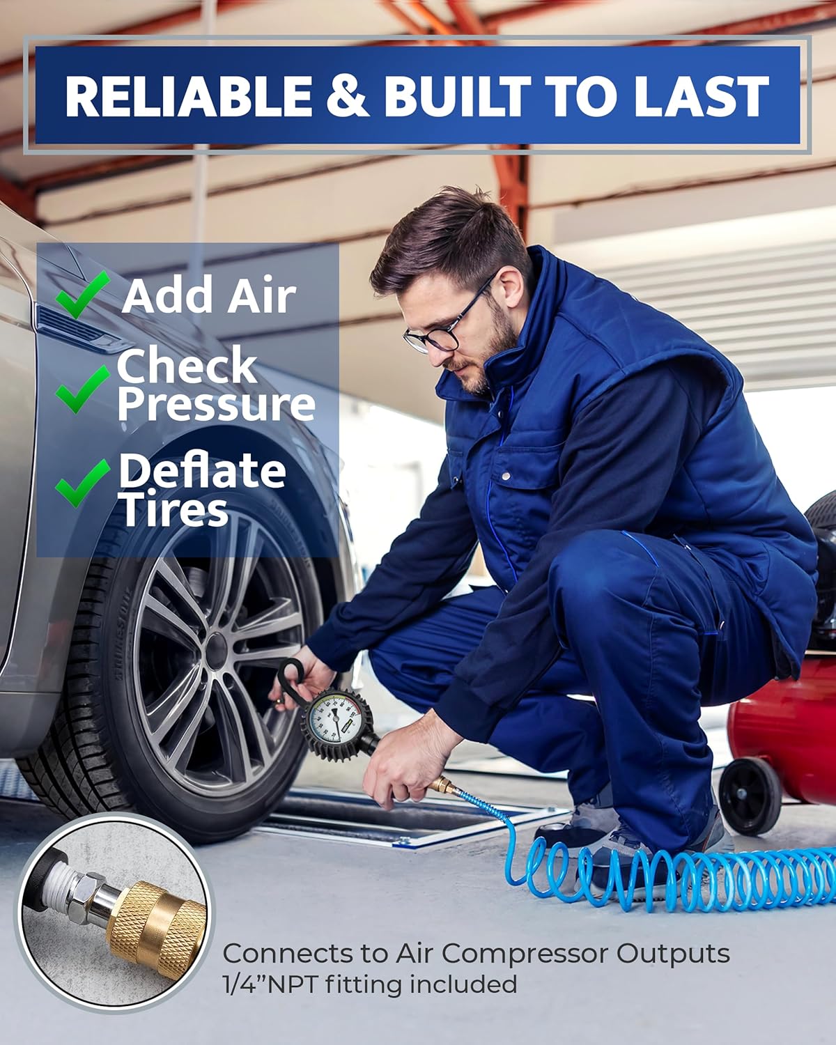 Inflador de neumáticos con manómetro y manguera más larga, portabro...