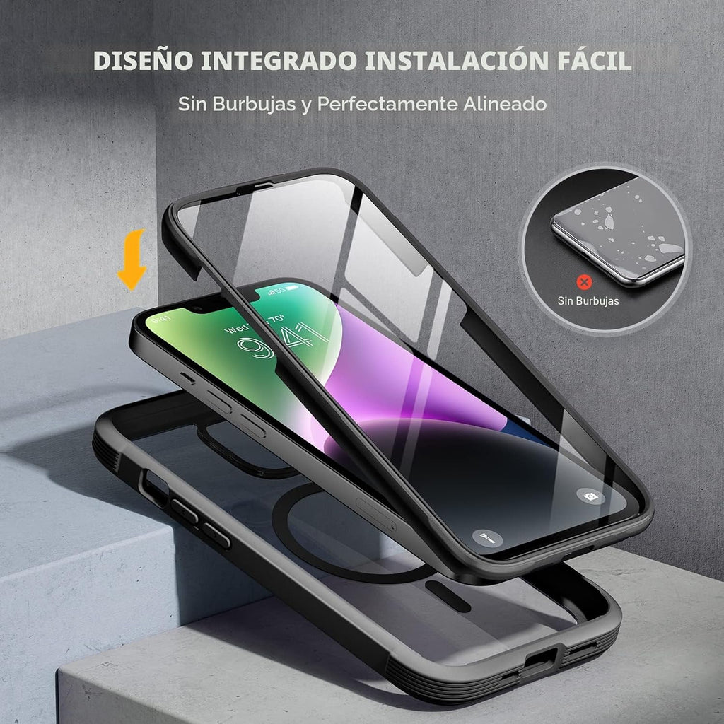 Miracase Magnetic para iPhone 14 Case 6.1", Bumper de cuerpo completo, [Sin burbujas] Protector de pantalla de vidrio templado integrado + Protector de lente, compatible con MagSafe, Sin huecos, Funda a prueba de caídas para iPhone 14, negro