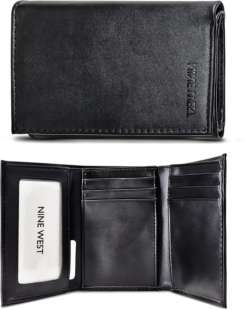 Nine West Billeteras de cuero vegano triple para hombre, sin crueldad, cuero reciclado con ventana de identificación, regalos para hombres, color negro sólido