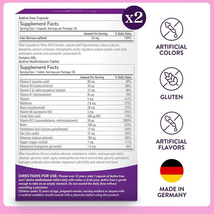 Suplemento de hierro activo de 25 mg + multivitamínico para mujeres...