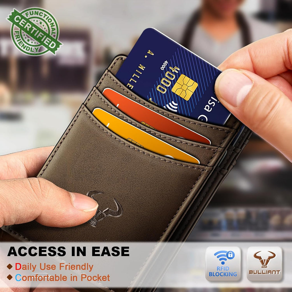 BULLIANT Billetera delgada de cuero para hombre 12 tarjetas cierre magnético bloqueo RFID