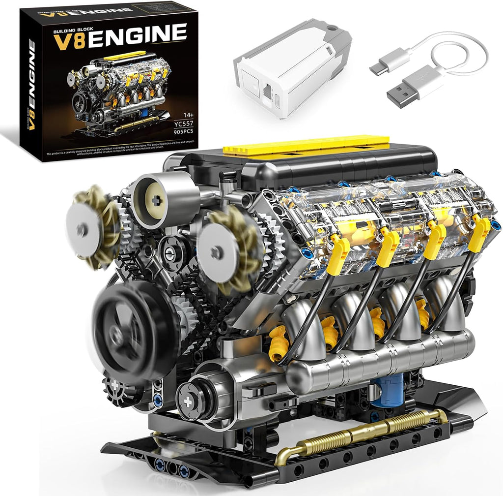 V8 Kit de modelo de motor que funciona, juego de bloques de construcción visibles para adultos, compatible con Lego, juguete educativo STEM de ciencia física para adolescentes y niños mayores de 14 años (905 piezas)