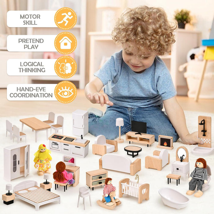 Set de muebles para casa de muñecas Toyssa, 36 piezas de madera de...