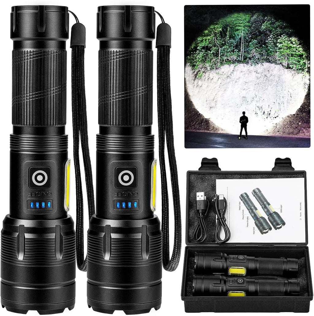Linternas LED recargables de alto lúmenes, linterna súper brillante de 99,000 lúmenes, potente luz de flash 7 modos con luz de trabajo COB impermeable para el hogar, al aire libre, camping