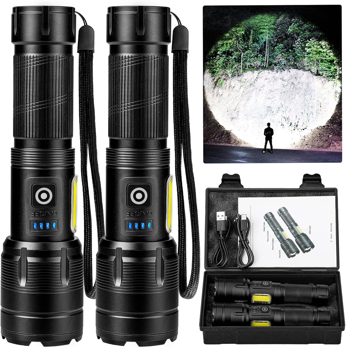 Linternas LED recargables de alto lúmenes, linterna súper brillante de 99,000 lúmenes, potente luz de flash 7 modos con luz de trabajo COB impermeable para el hogar, al aire libre, camping