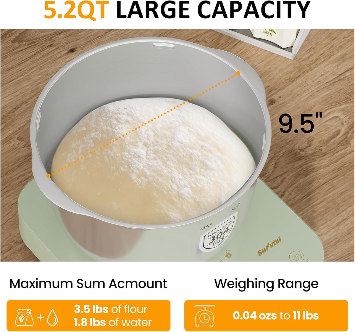 Sunvivi 5.2QT Máquina de masa eléctrica con función de fermento