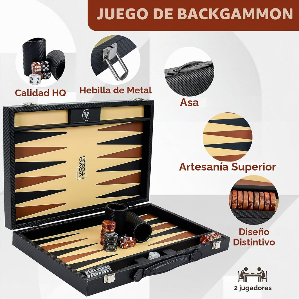 Juego de backgammon de 15 pulgadas para adultos, de fibra de carbono de alta calidad, de piel sintética, plegable, juego de mesa clásico de viaje portátil para fiestas familiares, entretenimiento al aire libre