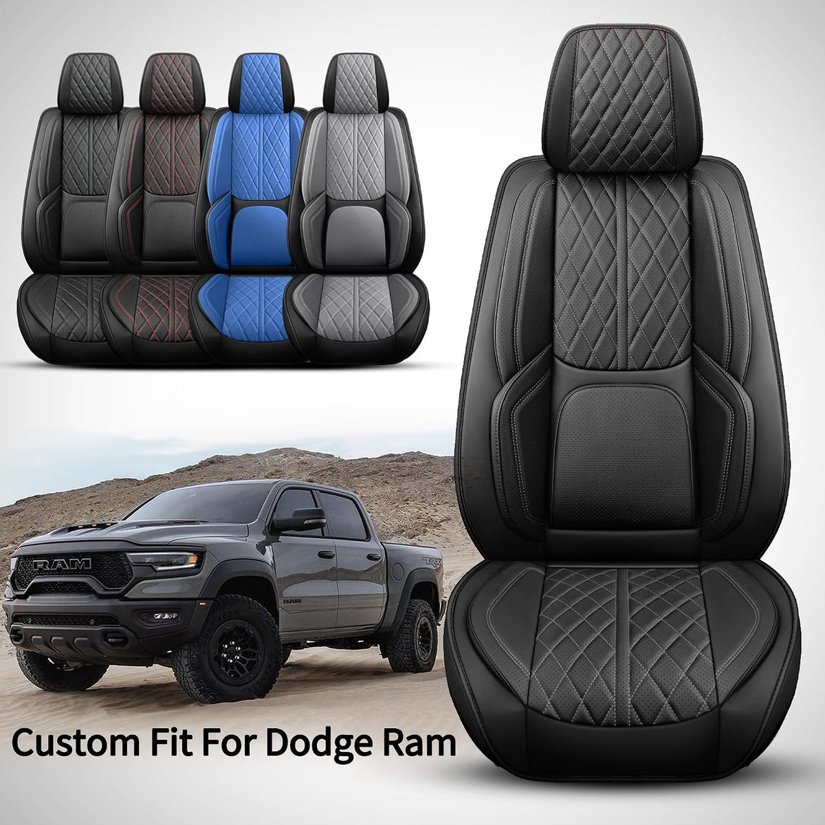 Funda de asiento de automóvil ajuste personalizado para Dodge Ram 1500 2500 3500 2002-2026, juego de fundas de asiento de piel sintética compatible con cojines de cabina regular Crew Quad de camioneta (negro, juego completo, parte trasera curvada)