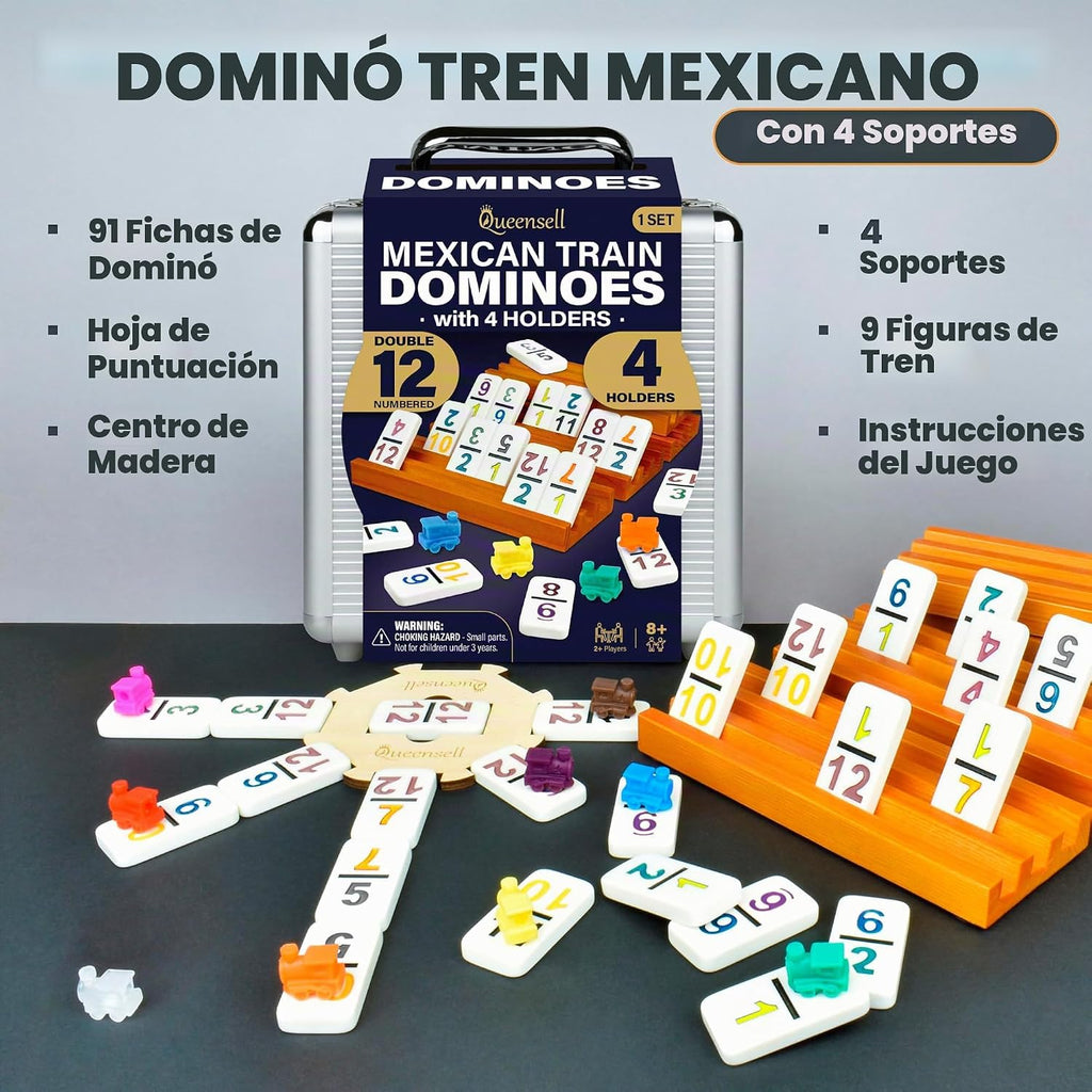 Queensell Juego de dominó de tren mexicano con números y 4 soportes, cubo de madera y soportes de dominó, doble 12 con números (números D12 + 4 soportes)