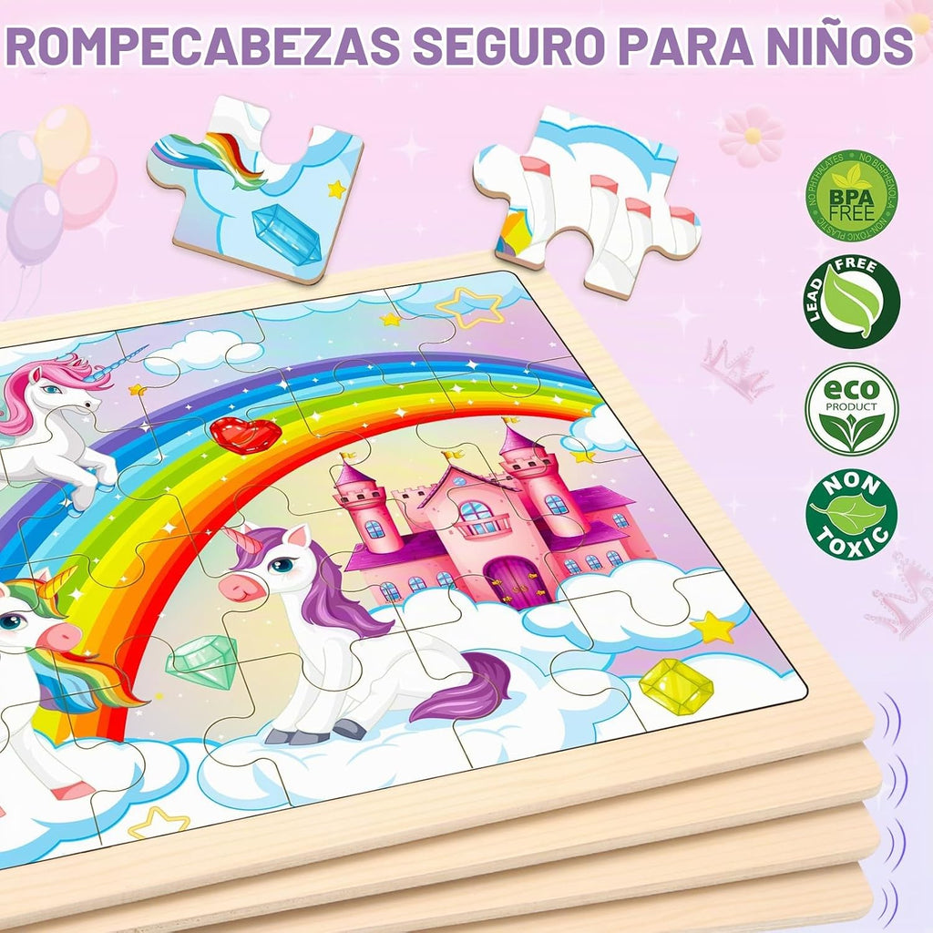 Rompecabezas para niños de 4 a 6 años, 4 paquetes de rompecabezas de madera para niños pequeños de 2 a 4 años, tableros educativos de rompecabezas de princesa, unicornio, sirena y hada para preescolar