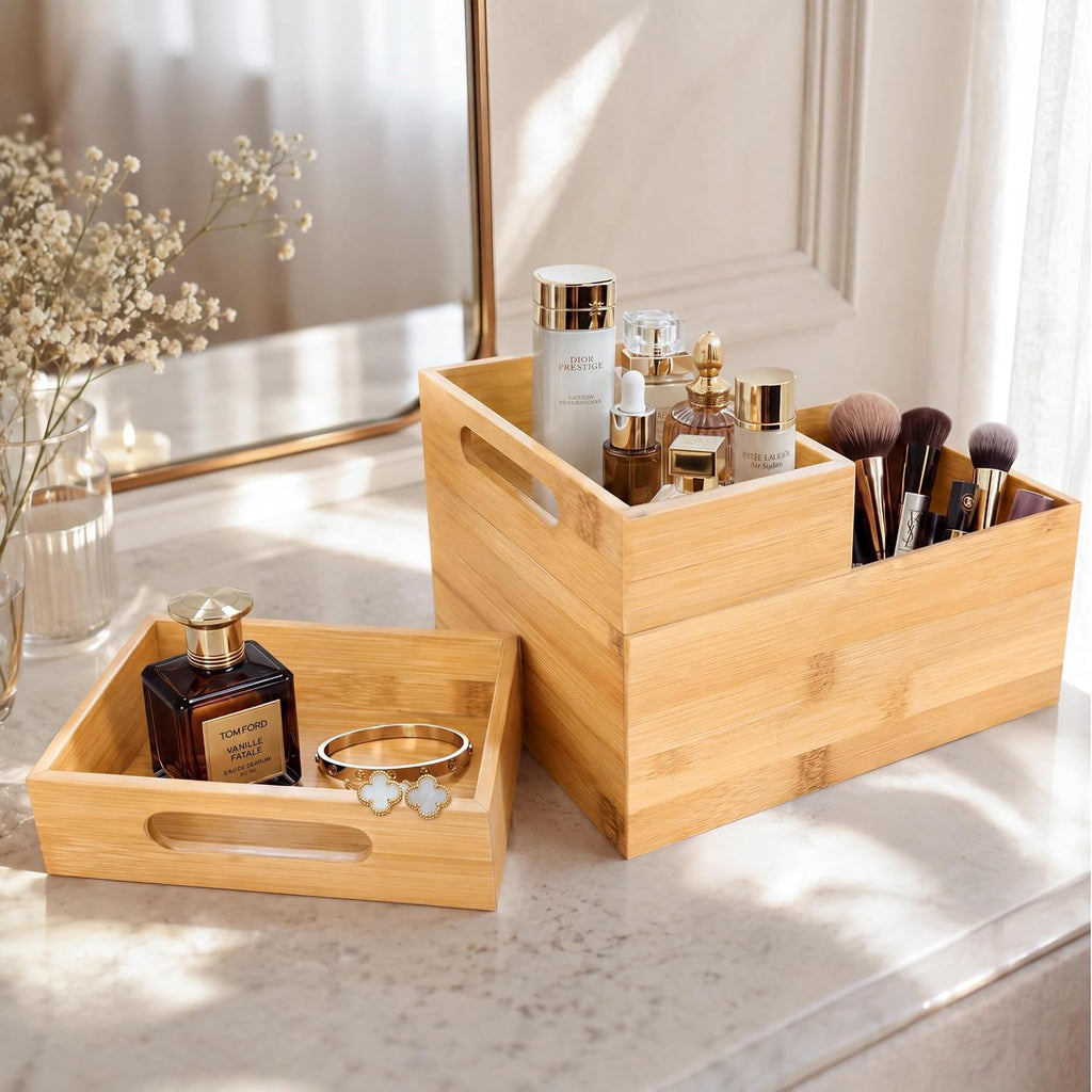HOMESTEAD - Caja de almacenamiento apilable de bambú de 3 piezas, contenedor de almacenamiento grande, cajas de madera para cajones de maquillaje, baño, suministros de oficina, utensilios de cocina