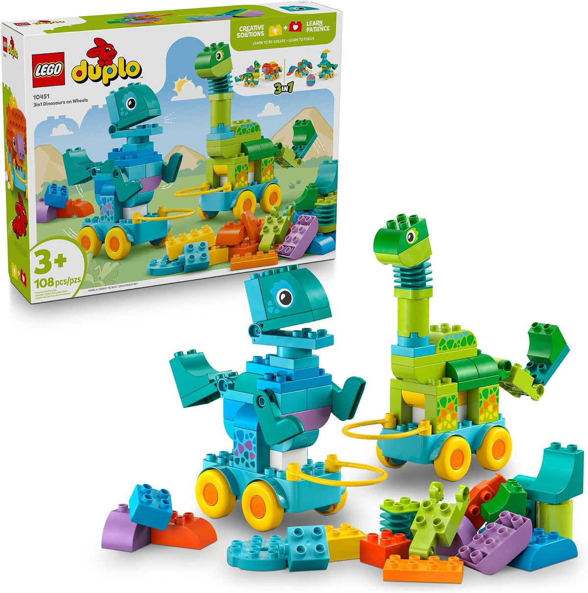 LEGO DUPLO Town - Juguete de aprendizaje de dinosaurios sobre ruedas 3 en 1 para niños pequeños y niñas, a partir de 3 años, juego de construcción y educación, enseña habilidades de resolución de