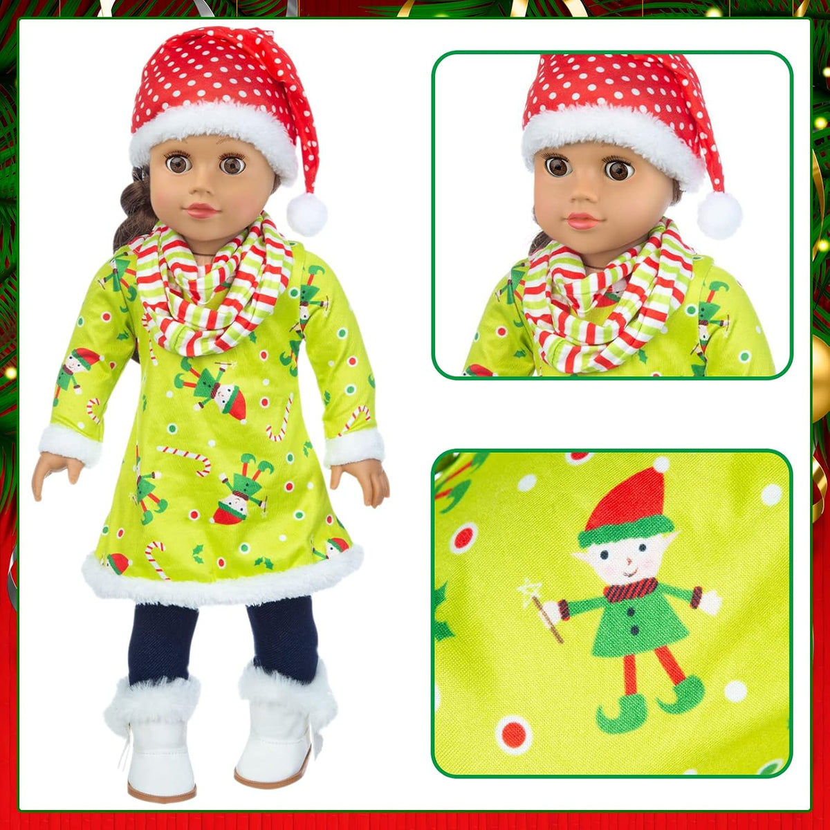 UNICORN ELEMENT 2 juegos de ropa y accesorios para muñecas de Navidad de 18 pulgadas, disfraz de Papá Noel de Navidad, incluyendo vestido de Navidad, suéter, horquilla, sombrero, bufanda, botas, etc