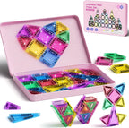 WMXDU Juego de 42 piezas de azulejos magnéticos con purpurina y caja de metal rosa, bloques de construcción STEM portátiles para niños de 3 a 8 años, juguetes educativos STEM Montessori para viajes en avión en automóvil