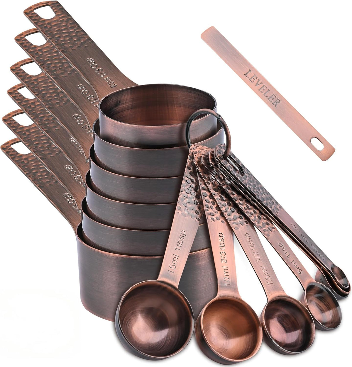 Juego de 14 Tazas y Cucharas Medidoras, Juego de Tazas y Cucharas Medidoras de Cobre para Secos y Líquidos, Métricas y de EE.UU. de Acero Inoxidable, 6 Tazas Medidoras y 7 Cucharas con