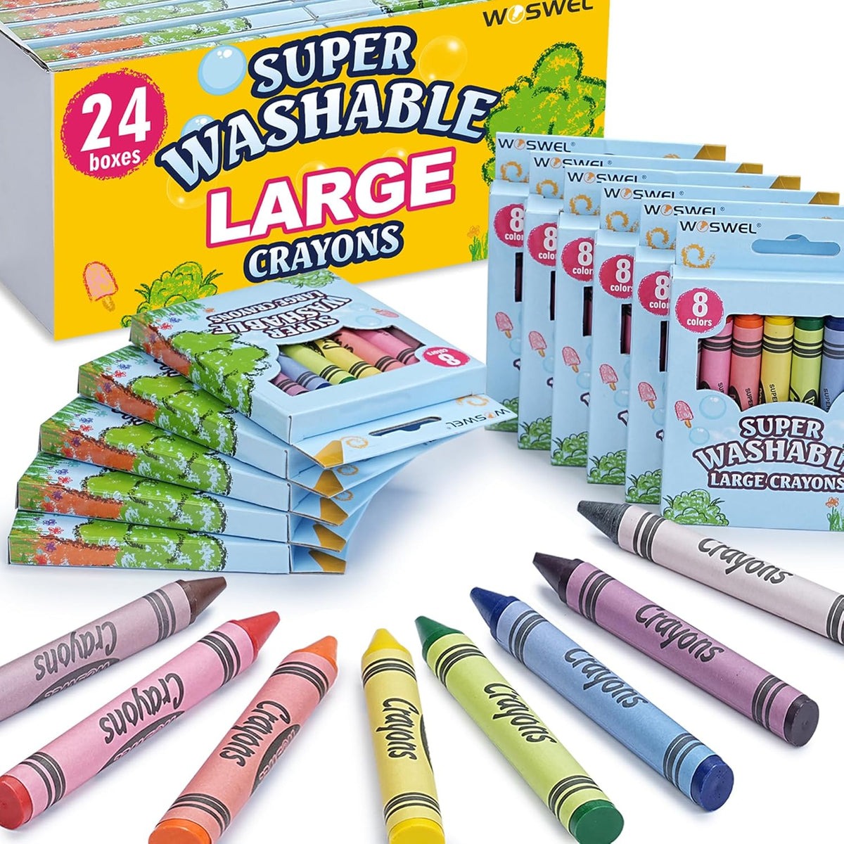 WOSWEL Crayones jumbo súper lavables a granel, paquete de 24 crayones con 8 colores brillantes, no tóxicos, de fácil agarre para niños de 1 a 3 años y niños de 4 a 8 años, suministros de arte seguros para libros de colorear y proyectos escolares