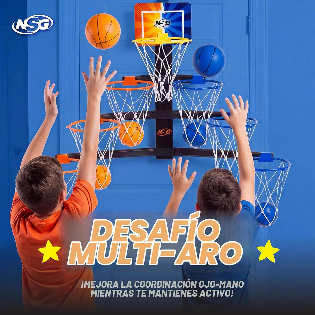 Aro de baloncesto sobre la puerta, pirámide de carreras de 7 aros de altura ajustable con 8 mini bolas de espuma y bolsa de transporte, montaje en pared, fácil instalación, juego para niños para interiores y exteriores para mayores de 5 años