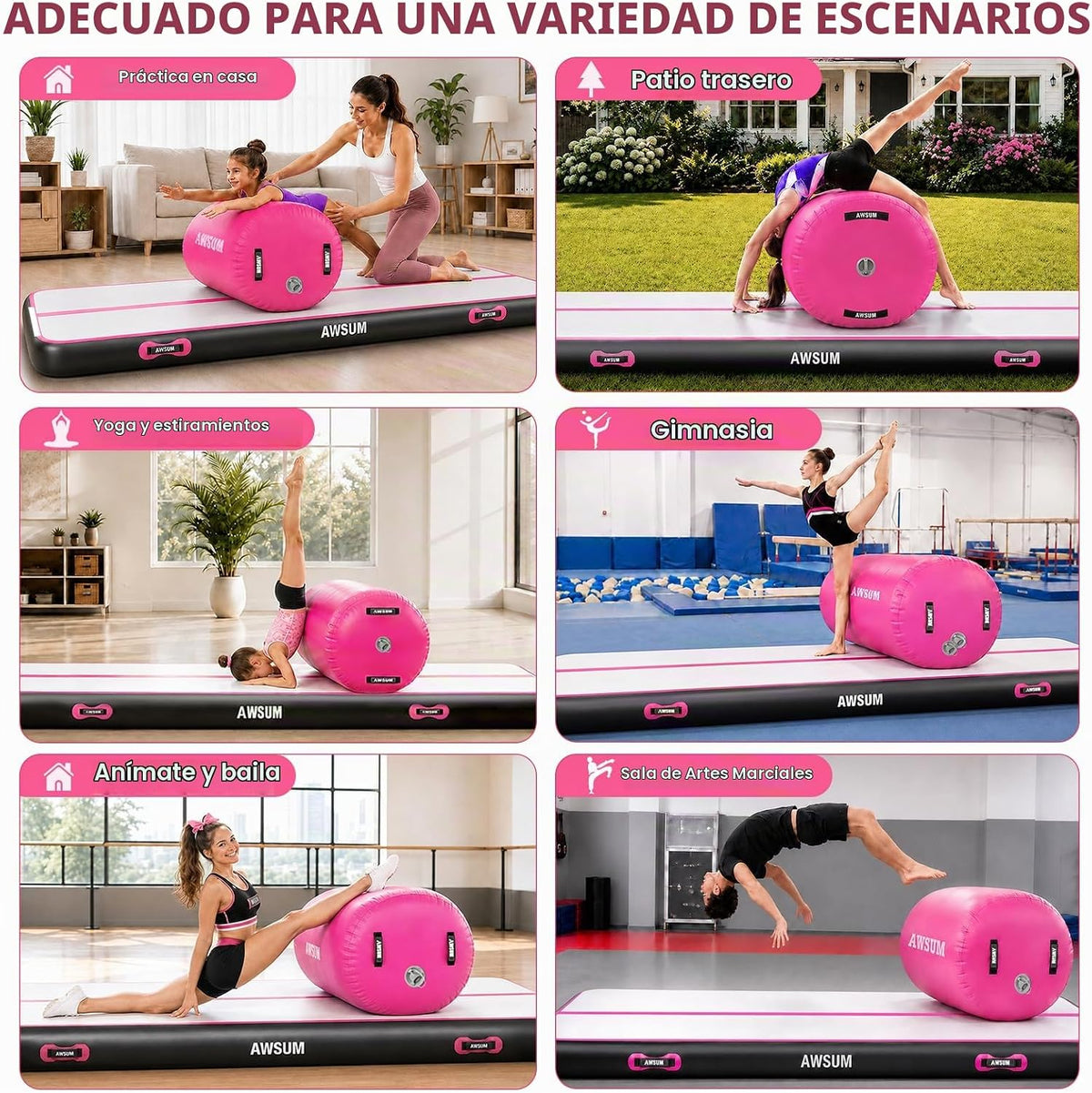 AWSUM Colchoneta de Gimnasia de 10 pies/13 pies con Rodillo de Aire Barril de Volteretas Entrenador de Salto Mortal hacia Atrás y Flexión hacia Atrás para Equipo de Trampolín de Gimnasia Inflable y