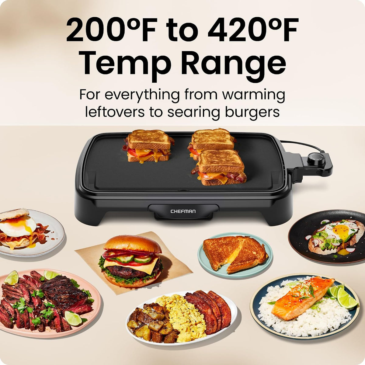 Chefman Plancha eléctrica con control de temperatura extraíble, parrilla de superficie plana sumergible, plancha para hamburguesas, huevos, panqueques, superficie de cocción antiadherente fácil de