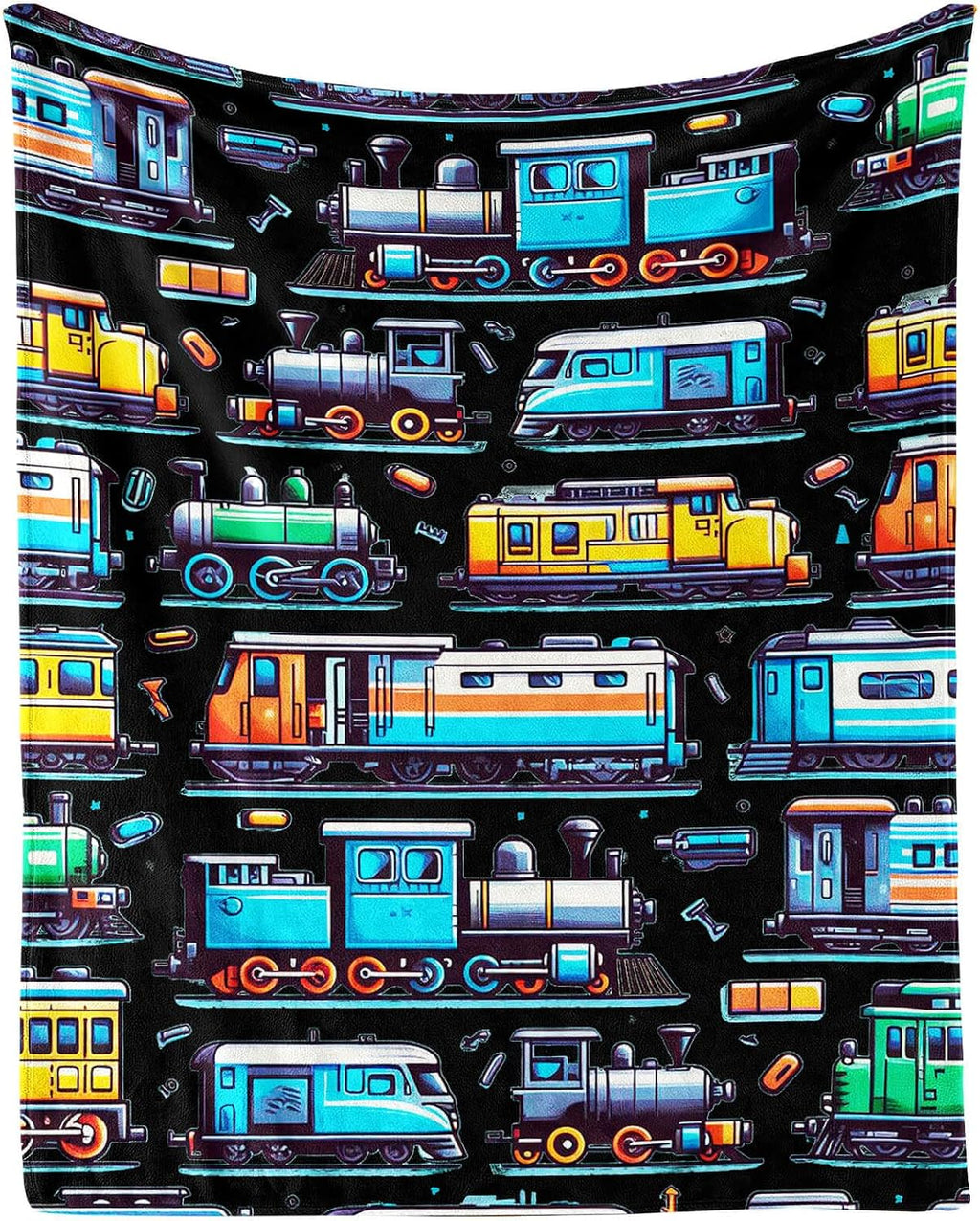 Manta con temática de trenes, 127 x 102 cm de franela, linda manta de trenes rellena, manta suave para siesta, mantas para la casa para niños, niñas, mujeres, amantes de los trenes