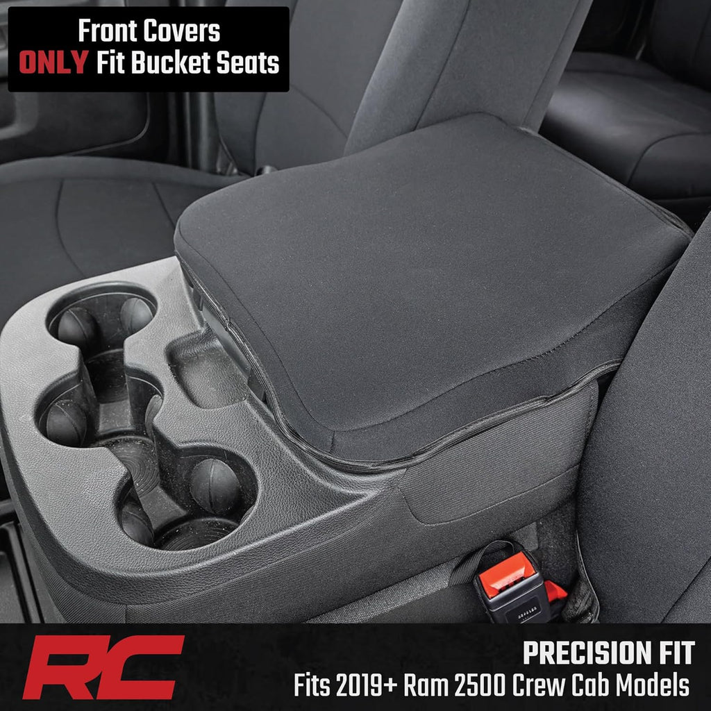 Rough Country Fundas de asiento delantero de neopreno para Ram 2500 (2019-2024) con asientos de cubo, impermeables y resistentes a los rayos UV, acolchado de espuma, juego de fundas de asiento