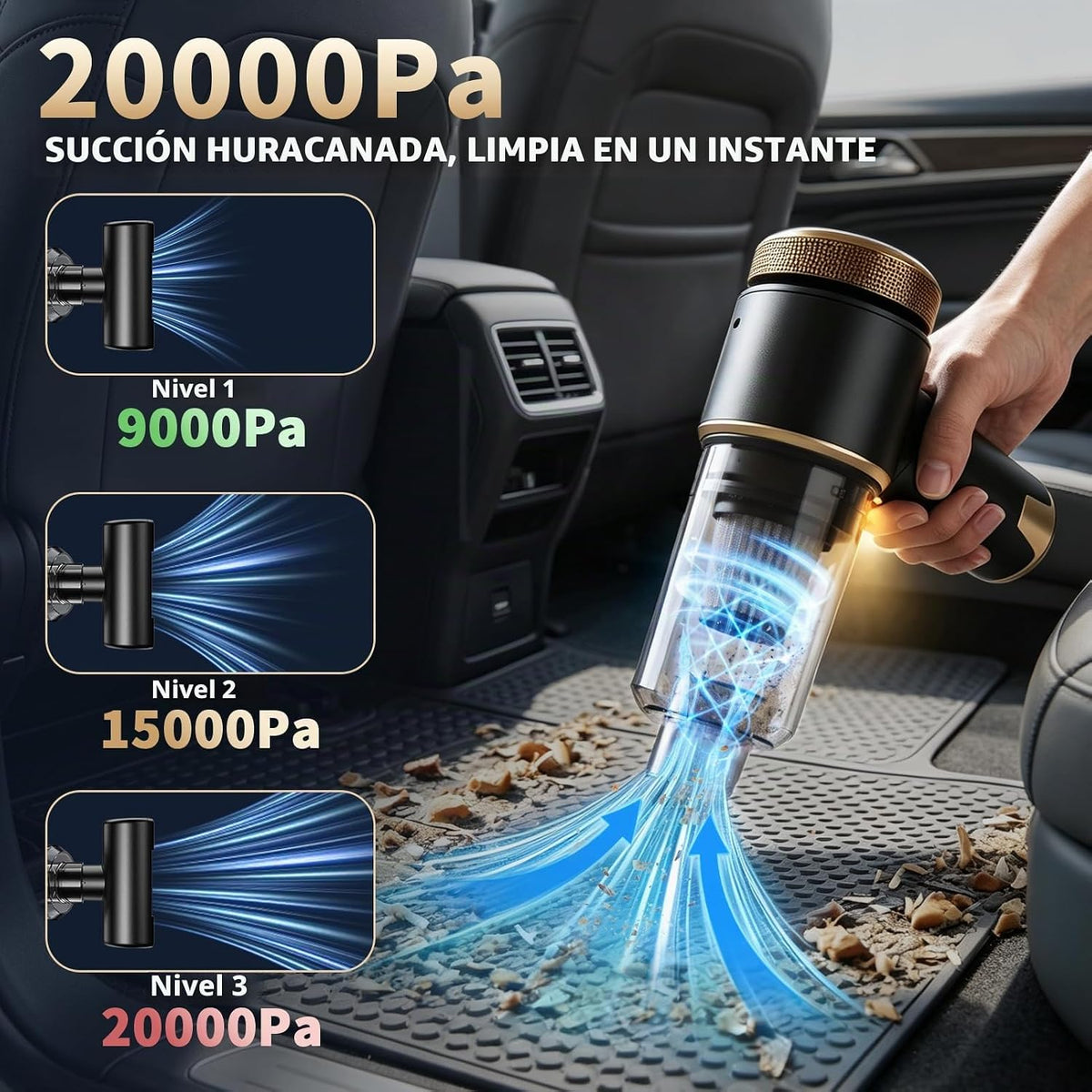 Aspiradora de Coche, Potente Succión de 20000Pa y Batería de 6000mAh, Hasta 40 Min de Uso, Negro