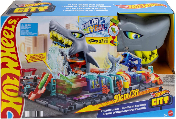 Hot Wheels Juego de pistas de ciudad, lavado de autos Ultra Shark c...
