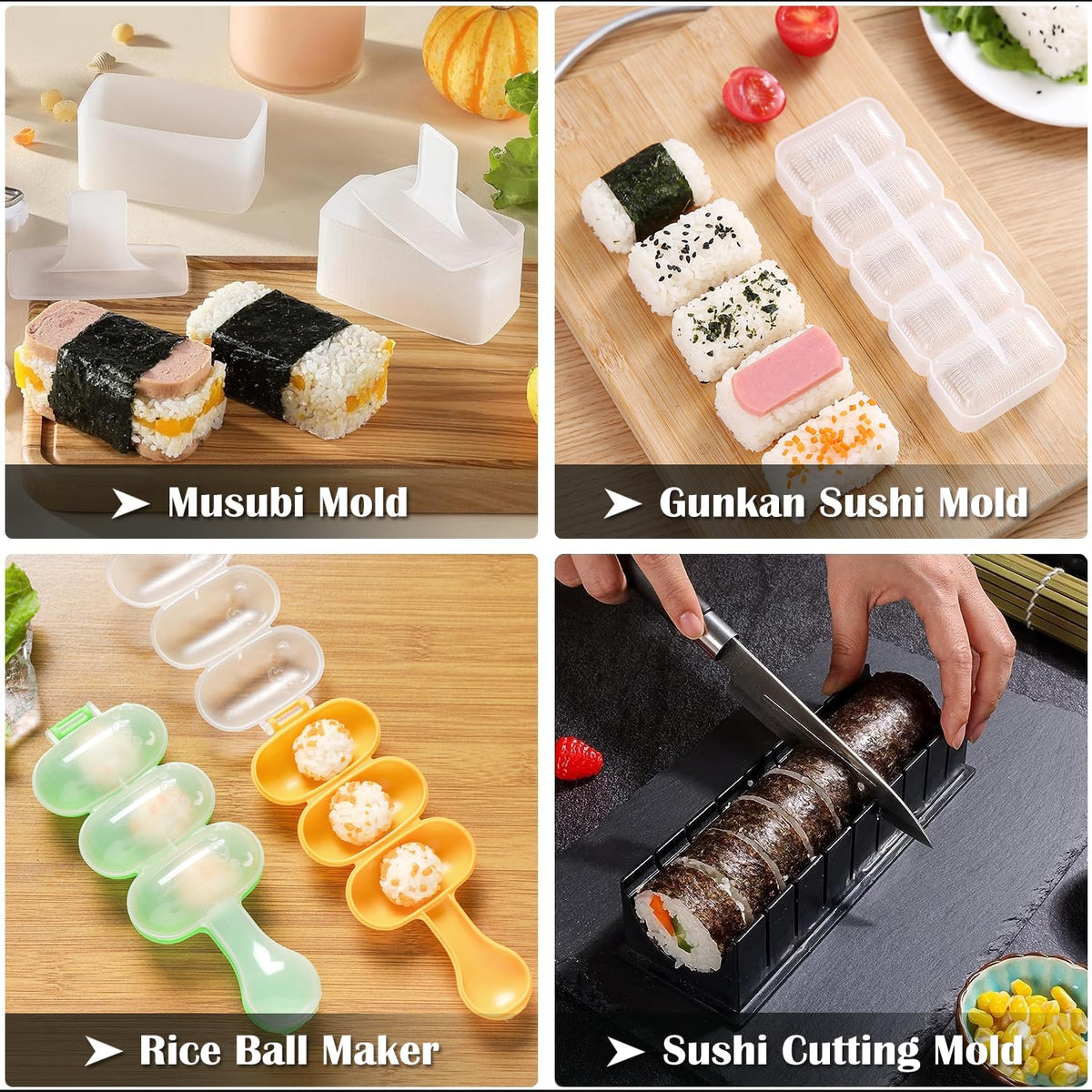 Kit de confección de sushi, juego de 28 en 1 rodillo para sushi con esterillas de bambú, Bazooka para sushi, molde de nigiri/gunkan, moldeador de musubi, molde para bolitas de arroz y más