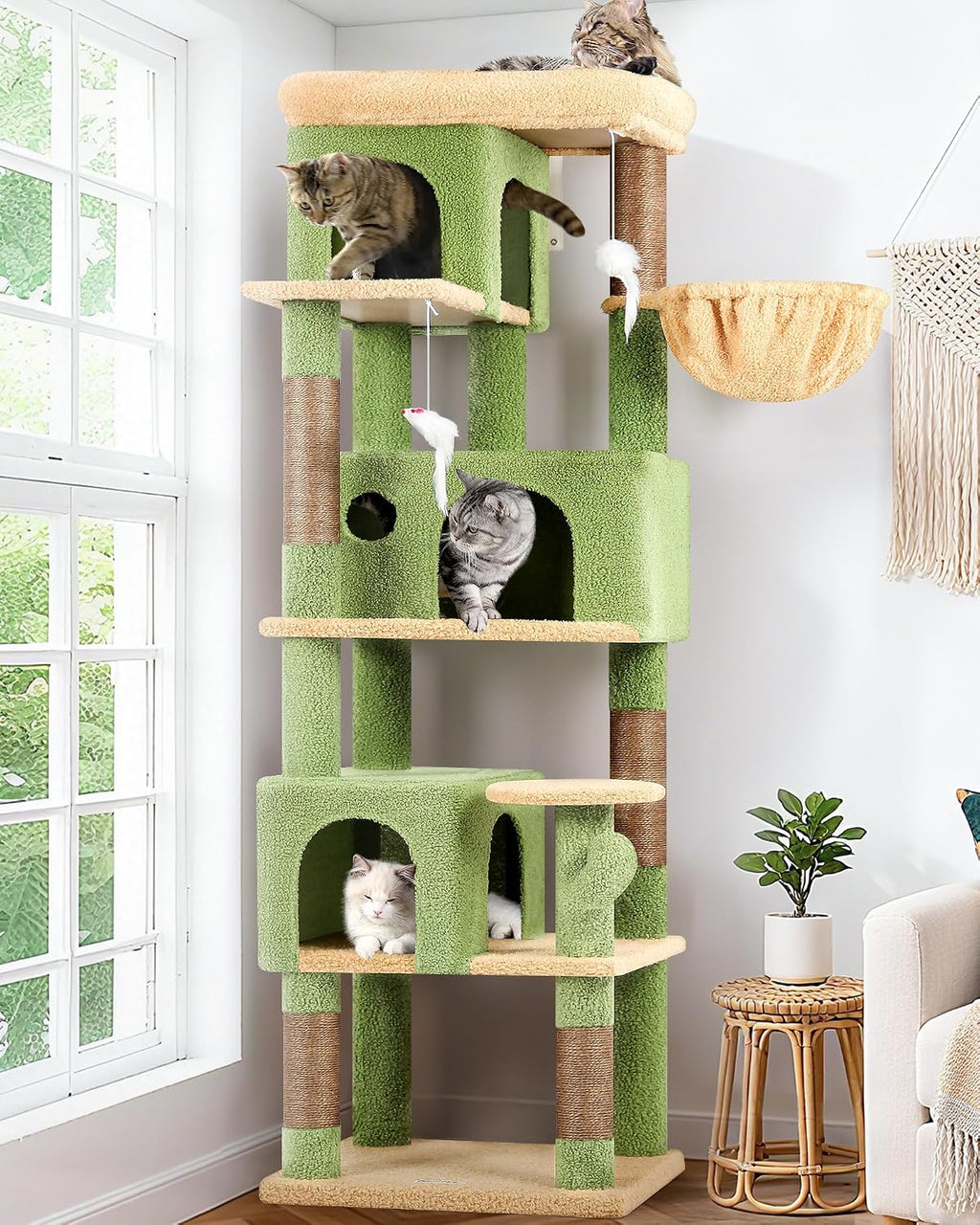 Globlazer Árbol de Gato de Cactus en Esquina de 66 Pulgadas, Torre de Escalada de Cactus de Varios Niveles, Condos para Gatitos, Torre de Rascado para Gatos de Interior para Múltiples Gatos con