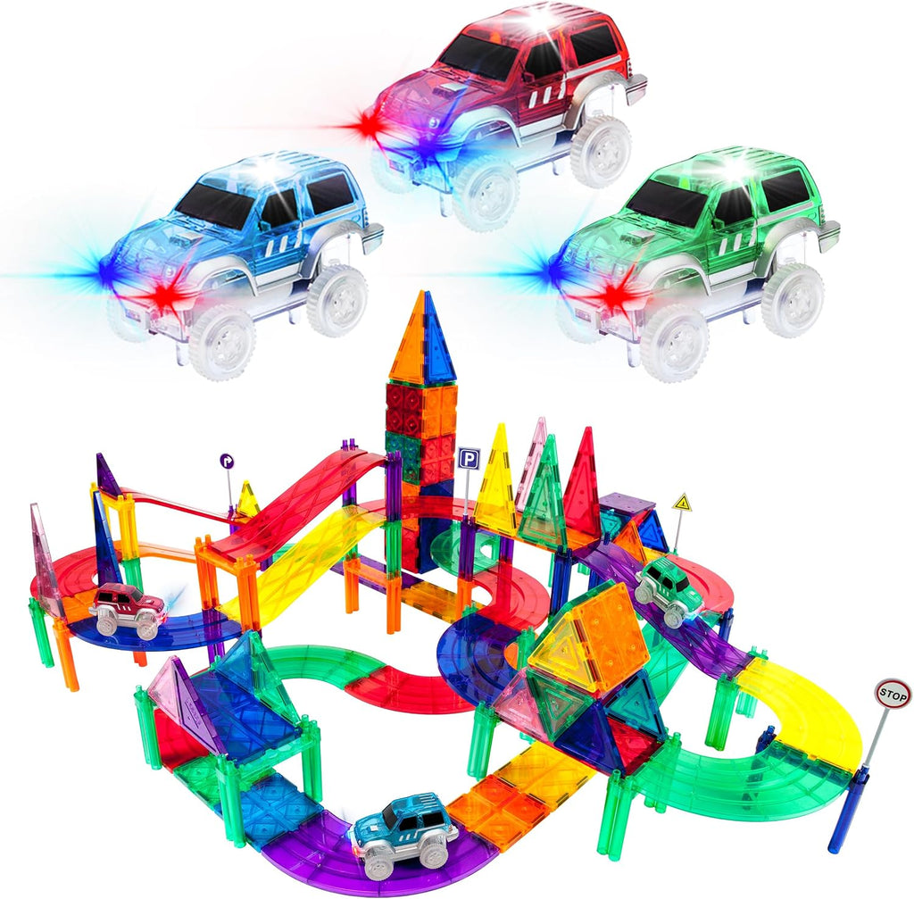 PicassoTiles Juego de 128 piezas de bloques de construcción de pistas de autos de carreras magnéticas, juego de azulejos magnéticos, juego de 3 luces LED, kit de construcción de aprendizaje de