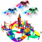 PicassoTiles Juego de 128 piezas de bloques de construcción de pistas de autos de carreras magnéticas, juego de azulejos magnéticos, juego de 3 luces LED, kit de construcción de aprendizaje de