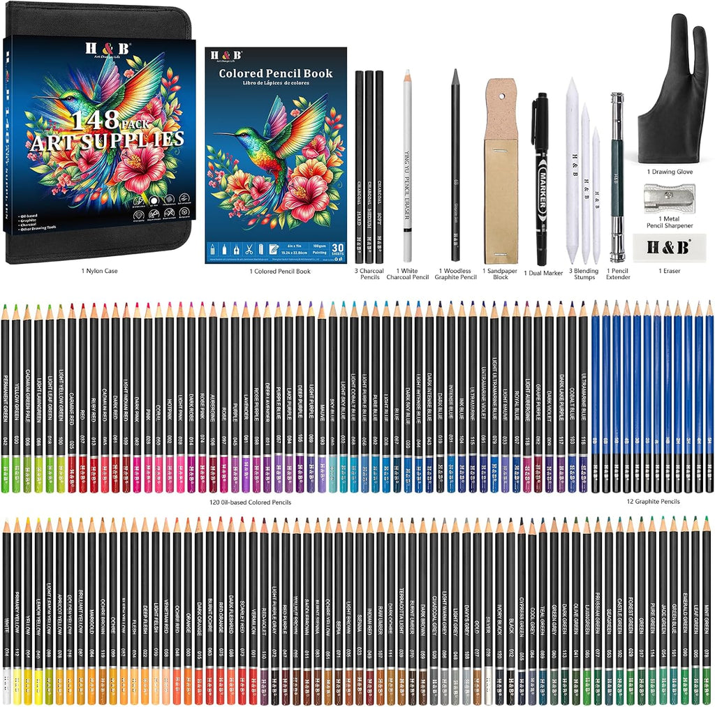H & B Kit de dibujo de 148 lápices de colores para adultos con cuaderno de