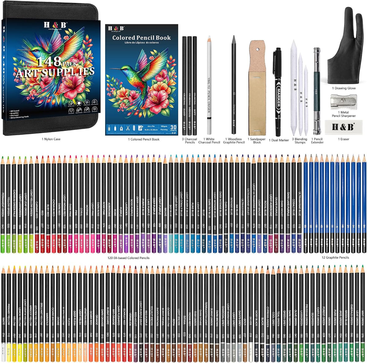 H & B Kit de dibujo de 148 lápices de colores para adultos con cuaderno de