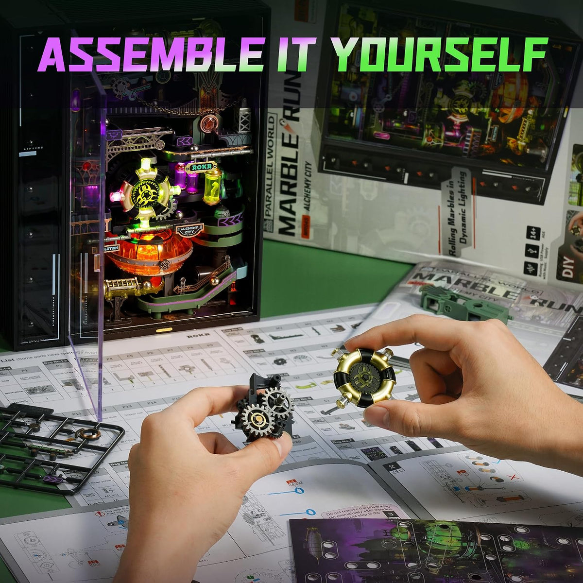 ROKR Rompecabezas 3D Pista de Canicas Kit de Construcción Modelo para Adultos, Pasatiempos DIY para Hombres y Mujeres (Alchemy City MR04S)