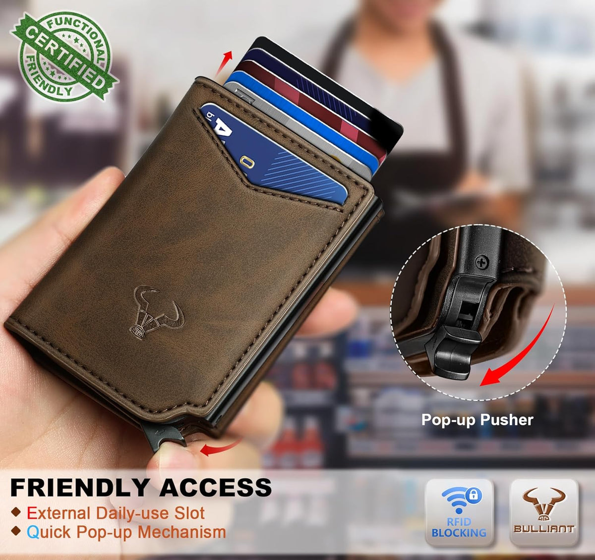 BULLIANT Billetera de cuero para hombre, tarjetero con clip para di...