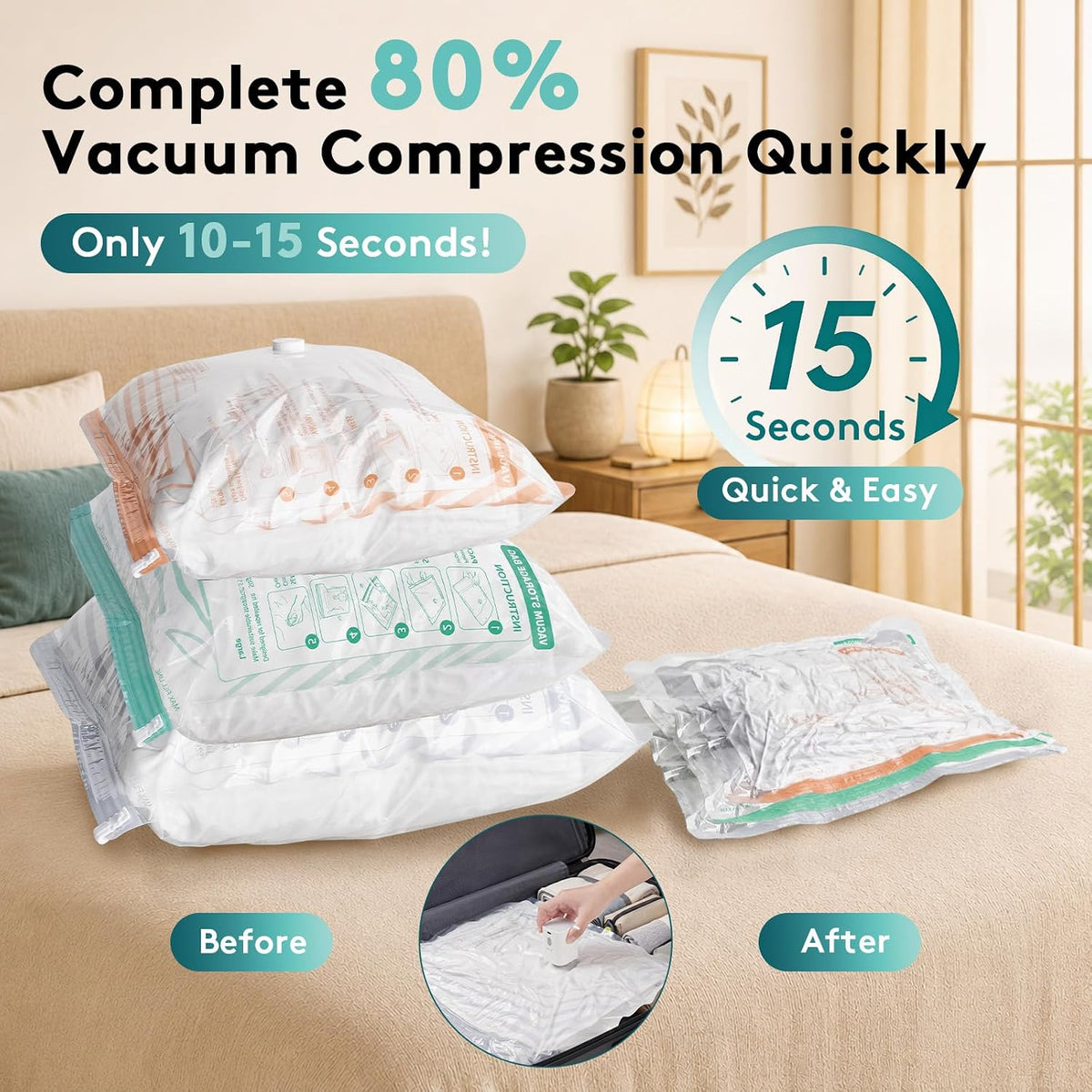 Paquete de 15 bolsas de vacío para viajes con bomba, bolsas de sellado al vacío inalámbricas para ropa de viaje, cubos de embalaje de compresión para equipaje, bolsas de almacenamiento al