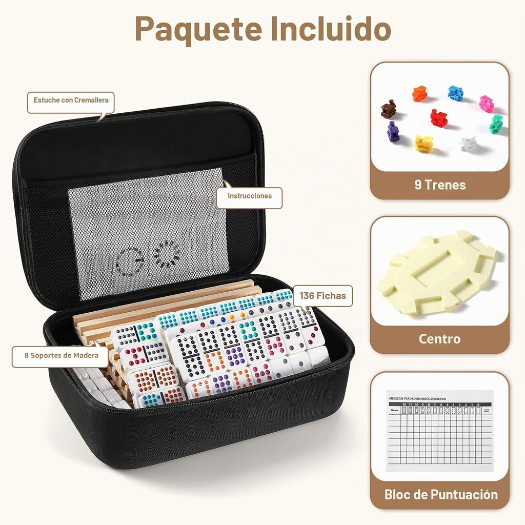 Juego de dominó de tren mexicano con 8 bandejas/estantes de madera, juego de dominó doble 15 para viajes con 8 porta fichas, juego de dominó de 136 fichas doble 15 de colores con estuche con