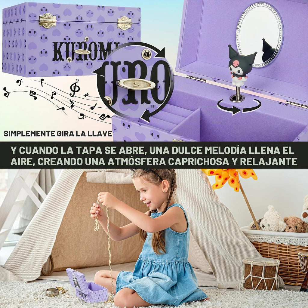 Get Trend Hello Kitty Sanrio Kuromi - Joyero musical para niñas, adolescentes y mujeres, caja de música kawaii, organizador de joyas, soporte para anillos, regalos para mujeres (púrpura Kuromi)