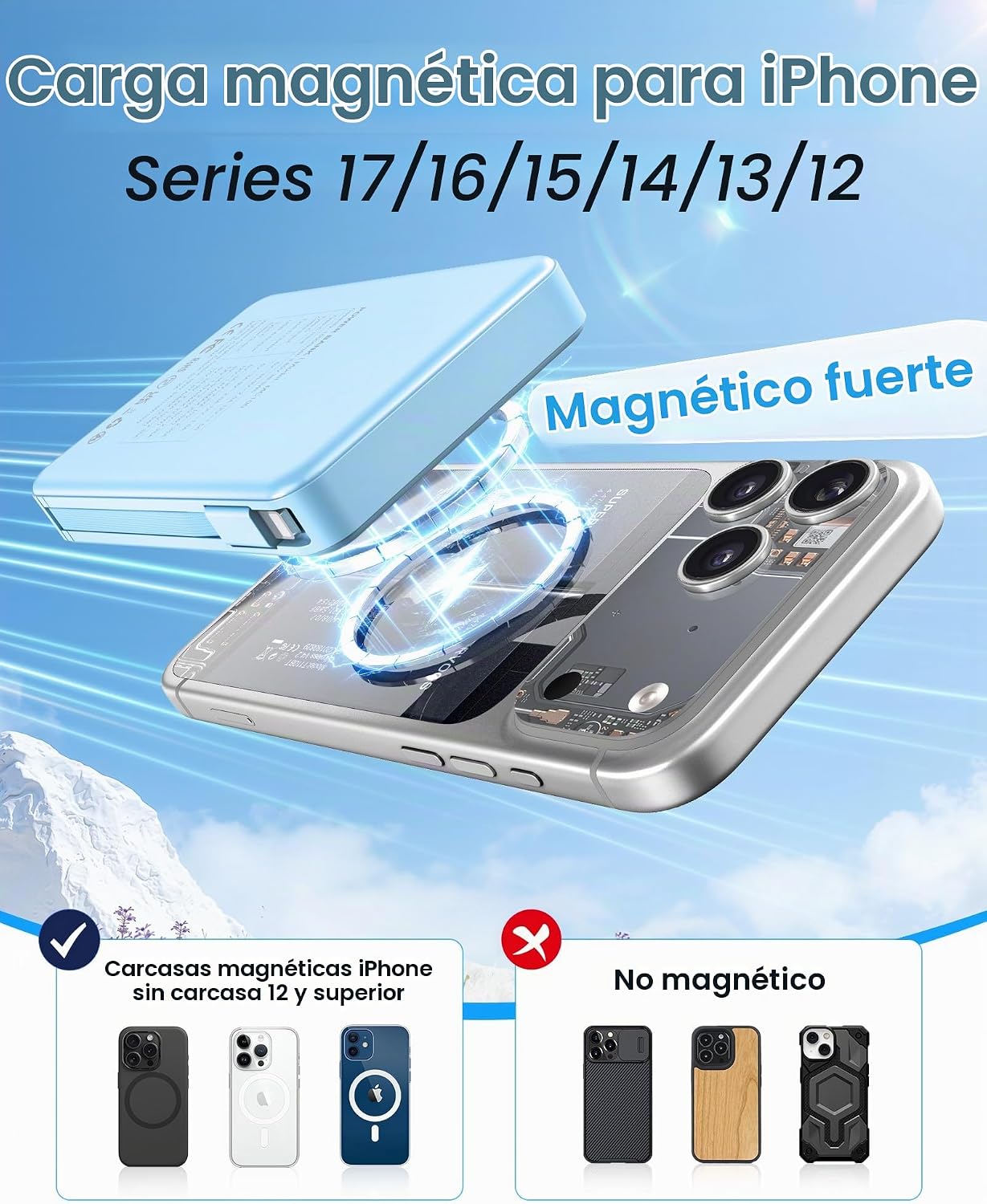 Cargador portátil magnético, cargador de batería de 22.5 W, carga r...