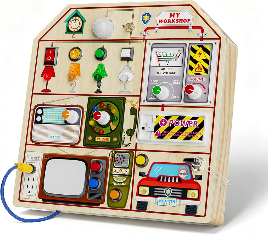 JAUNTY Montessori Tablero Ocupado de Madera para Niños Pequeños de 3 4 5 Años, Juguetes Sensoriales de Madera para Niños Pequeños con Interruptores de Luz LED, TV Radio Teléfono y Conducción de