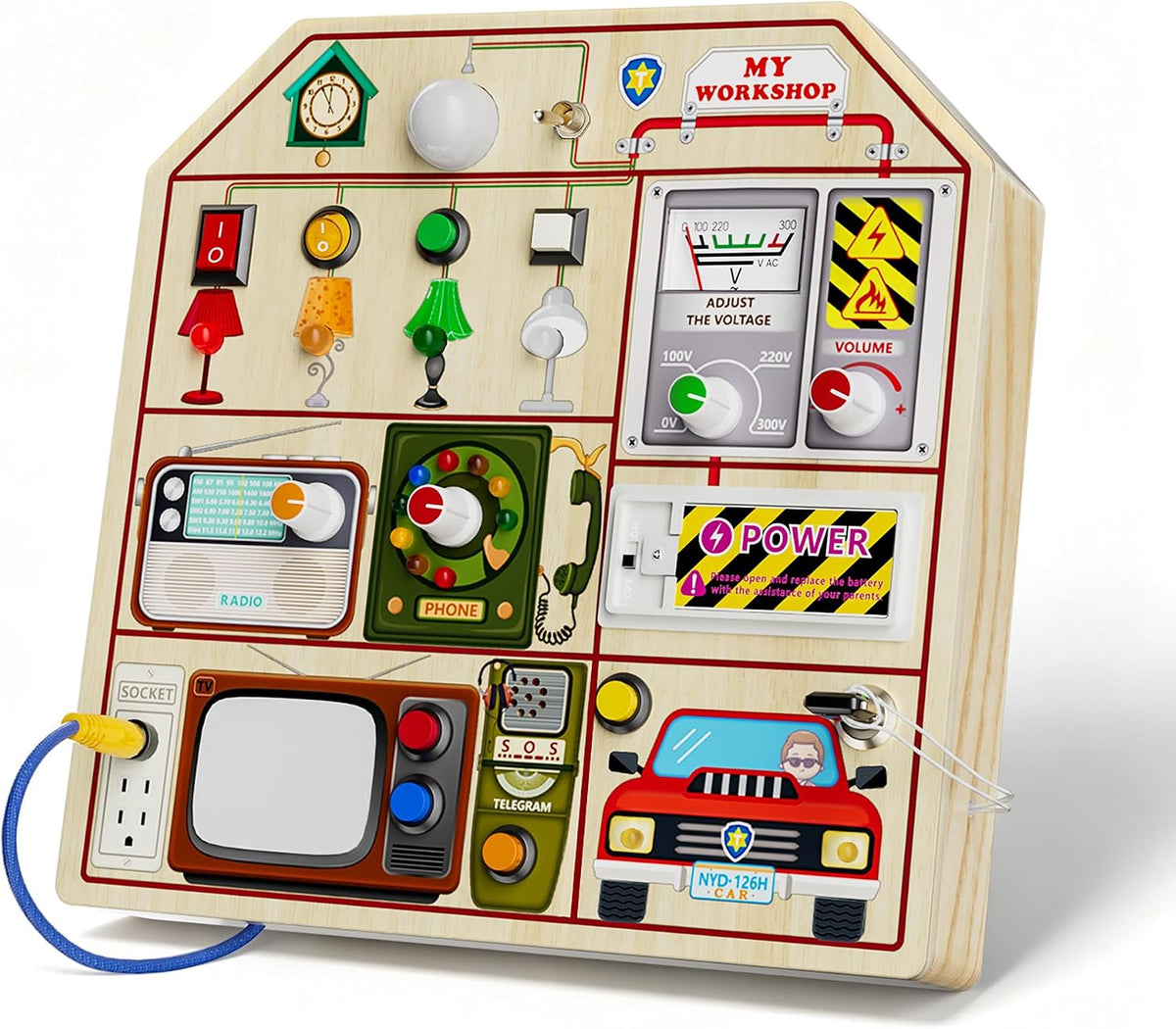 JAUNTY Montessori Tablero Ocupado de Madera para Niños Pequeños de 3 4 5 Años, Juguetes Sensoriales de Madera para Niños Pequeños con Interruptores de Luz LED, TV Radio Teléfono y Conducción de