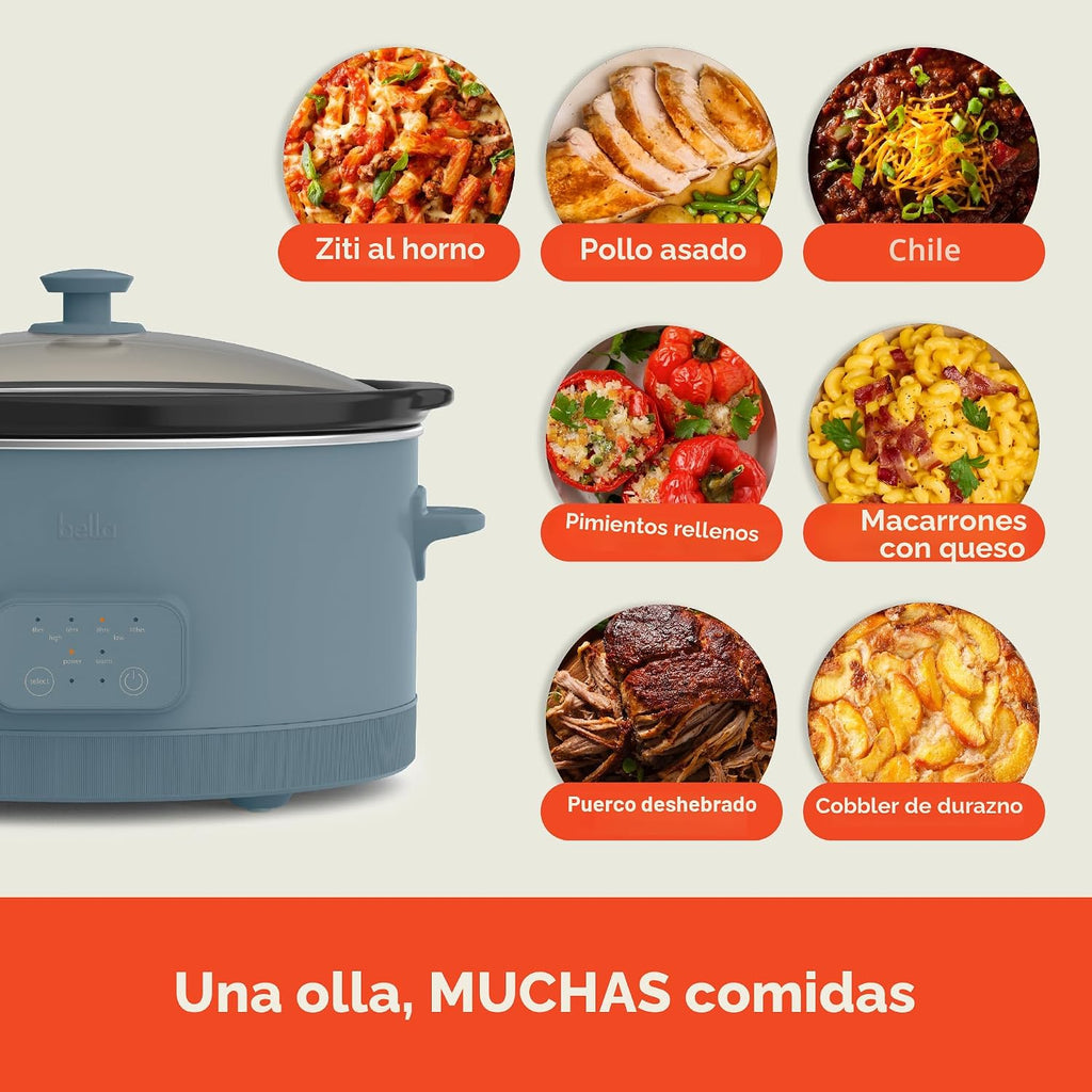 bella - Olla de cocción lenta programable de 6.0 cuartos de galón, revestimiento antiadherente de cerámica, temperatura ajustable y tiempos de cocción, olla de cerámica apta para lavavajillas y tapa
