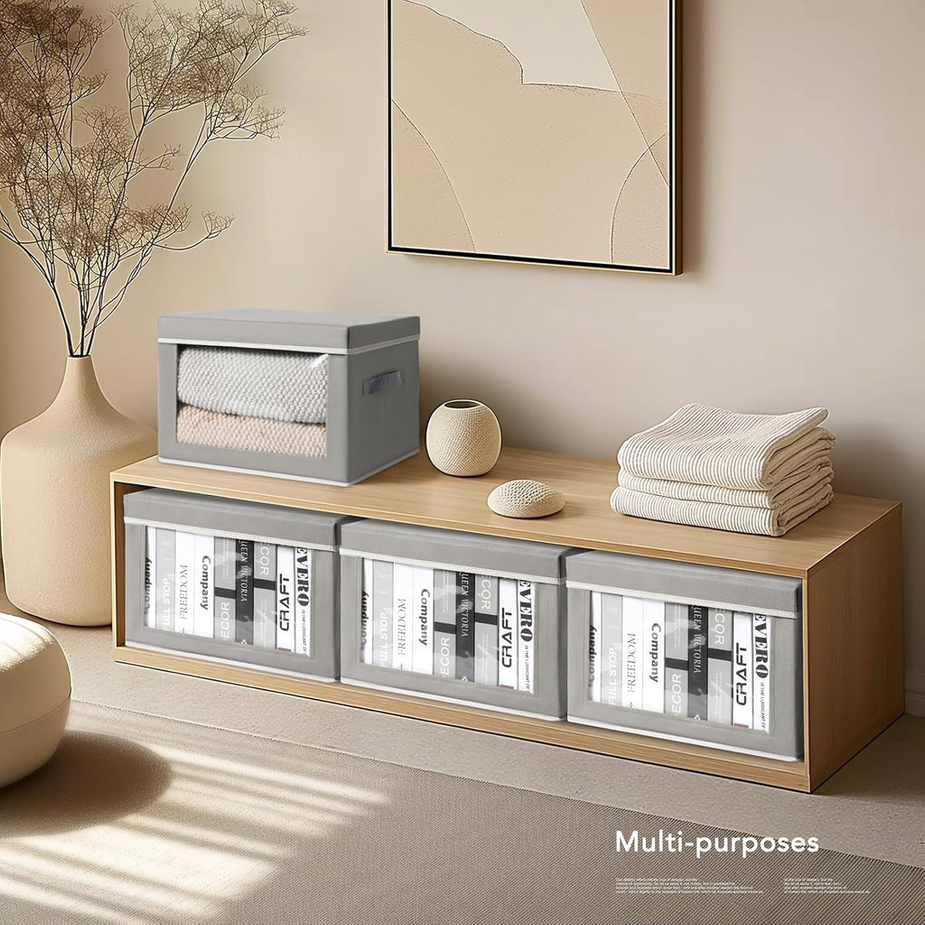 Contenedores de almacenamiento con tapas, contenedores de almacenamiento de tela con ventana, cestas plegables para estantes, paquete de 4, cajas decorativas para el hogar para ropa, armario