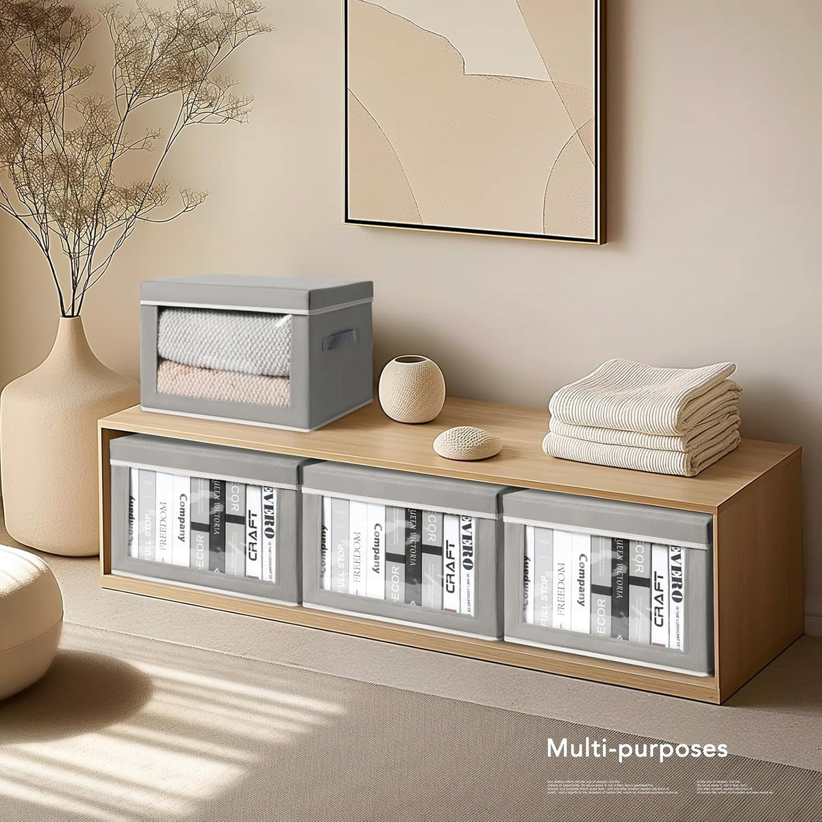 Contenedores de almacenamiento con tapas, contenedores de almacenamiento de tela con ventana, cestas plegables para estantes, paquete de 4, cajas decorativas para el hogar para ropa, armario