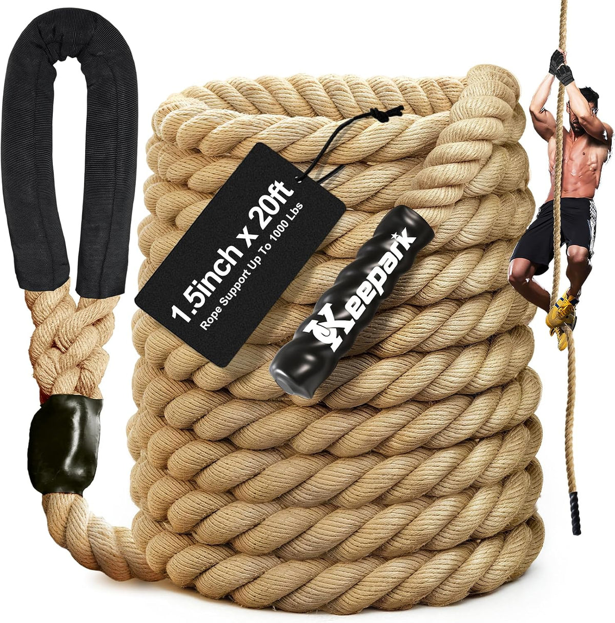 Cuerda de escalar para gimnasio - Cuerdas de ejercicio de 1.5 pulgadas de diámetro en longitudes de 10FT, 15FT, 20FT, 25FT, 30FT, 35FT, 40FT, 50FT para fitness y entrenamiento de fuerza, cuerda de escalada para adultos en casa, interior o exterior