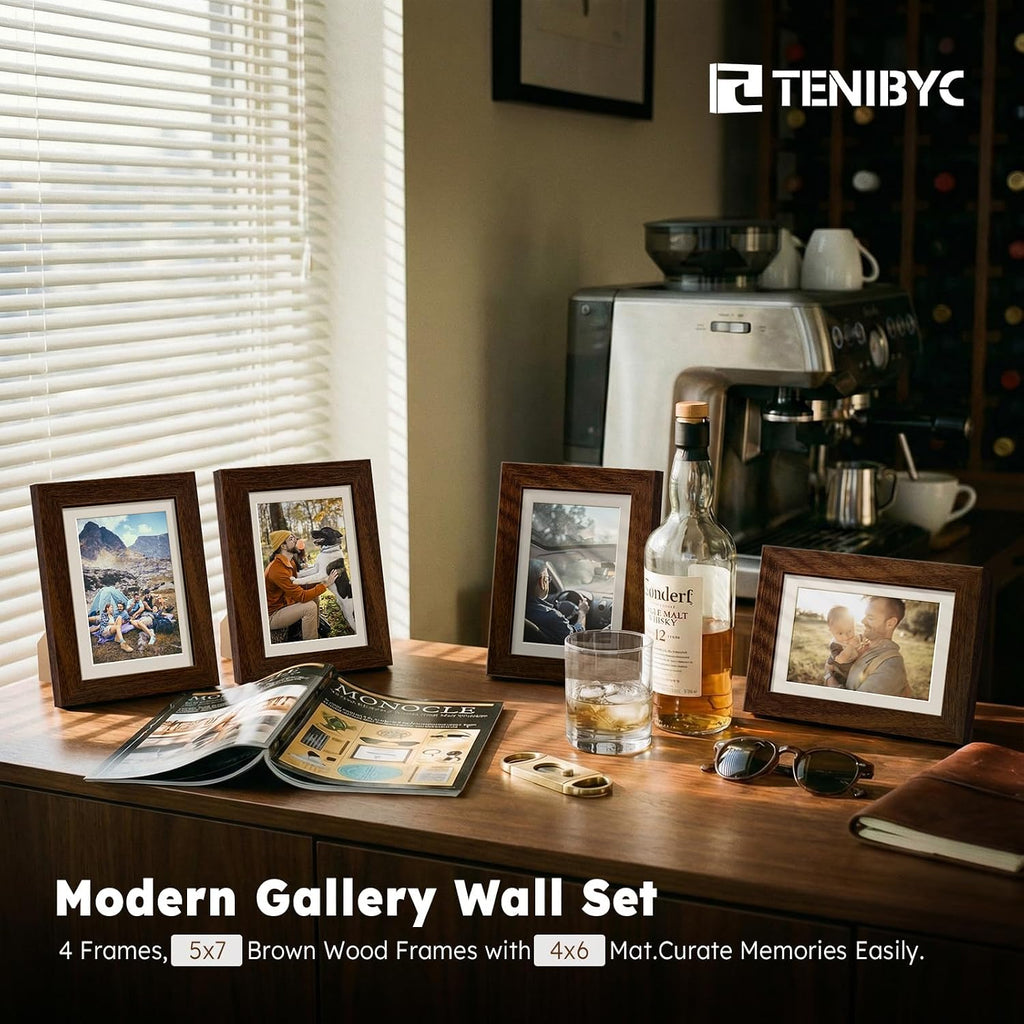 Juego de 4 portarretratos de 5 x 7 pulgadas, de madera maciza marrón, vidrio templado, para fotos de 4 x 6 con paspartú o de 5 x 7 sin decoración de habitación, oficina, galería y pasillo